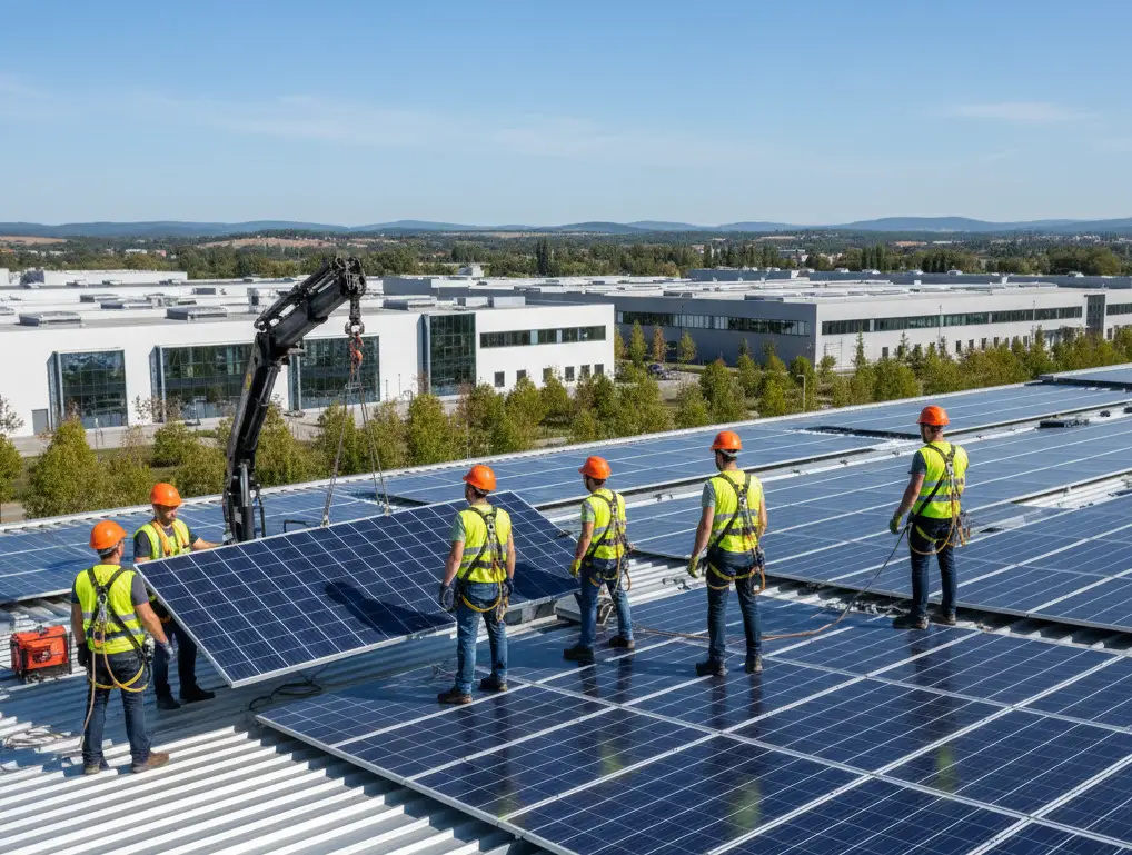 Technicians installing high-efficiency solar panels on a rooftop