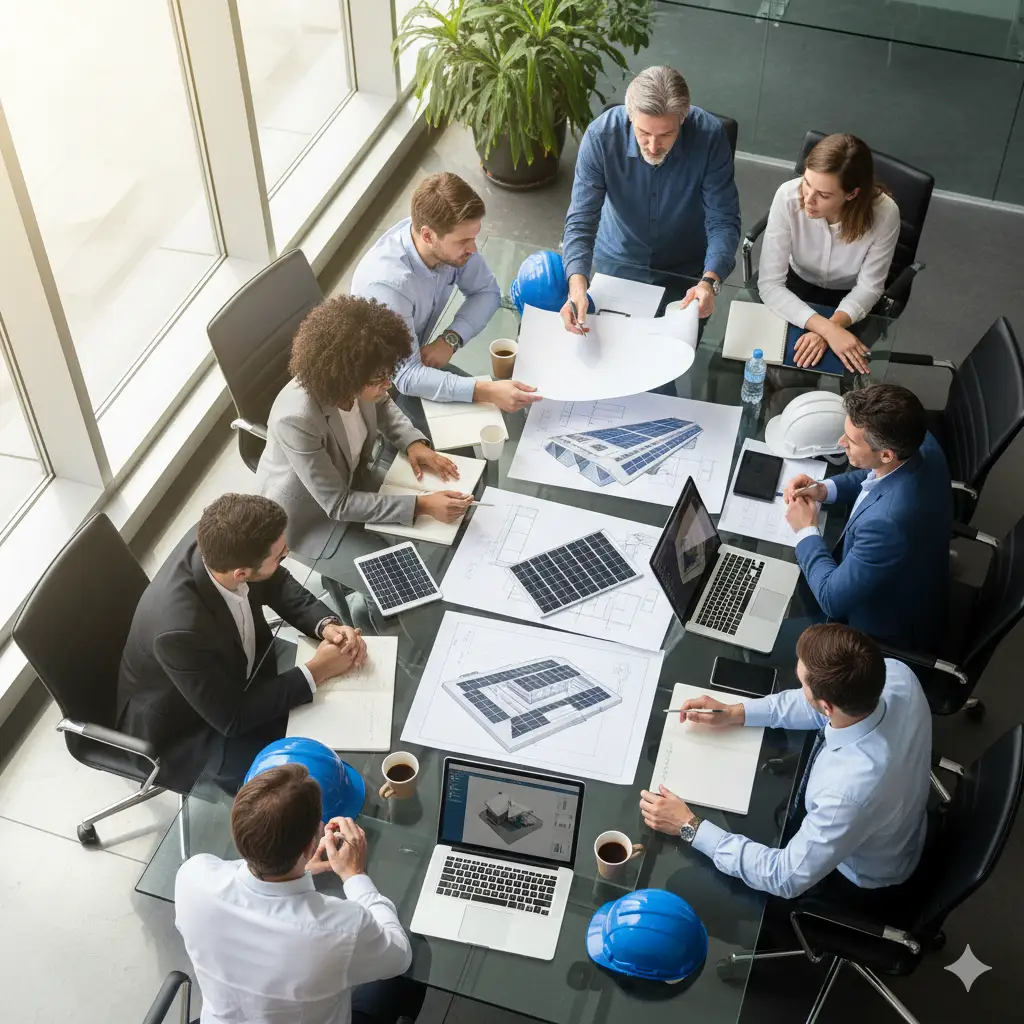 Engineers planning solar system design using site data